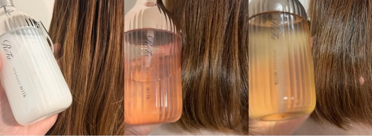 リファミルクプロテインシャンプー＆トリートメント　ホワイト、ピンク、ロイヤルを使用した仕上がりを比較